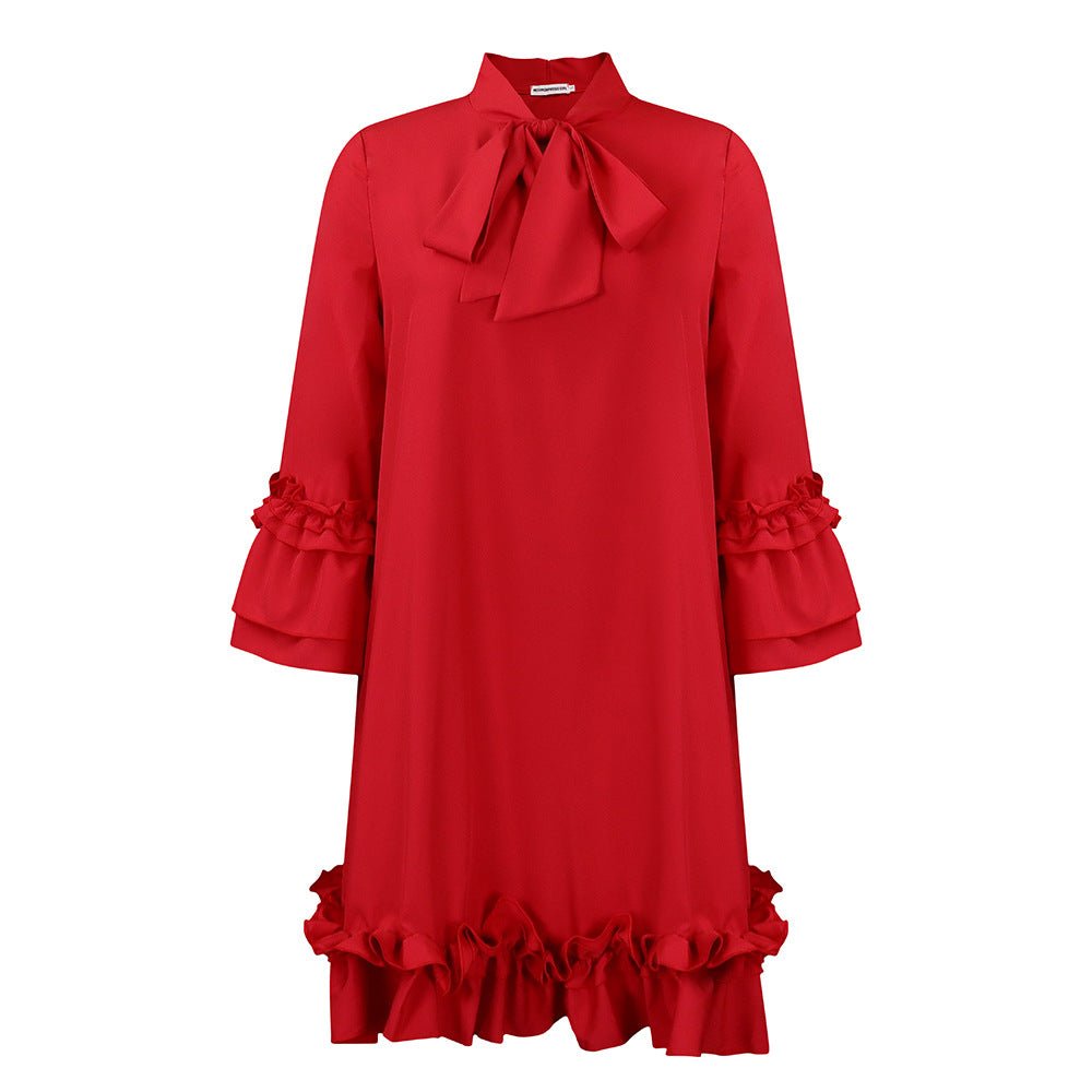 Women's Ruffle-Hem Bow-Neck Tunic Mini Dress | Spring - Red