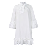 Women's Ruffle-Hem Bow-Neck Tunic Mini Dress | Spring - White