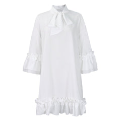 Women's Ruffle-Hem Bow-Neck Tunic Mini Dress | Spring - White