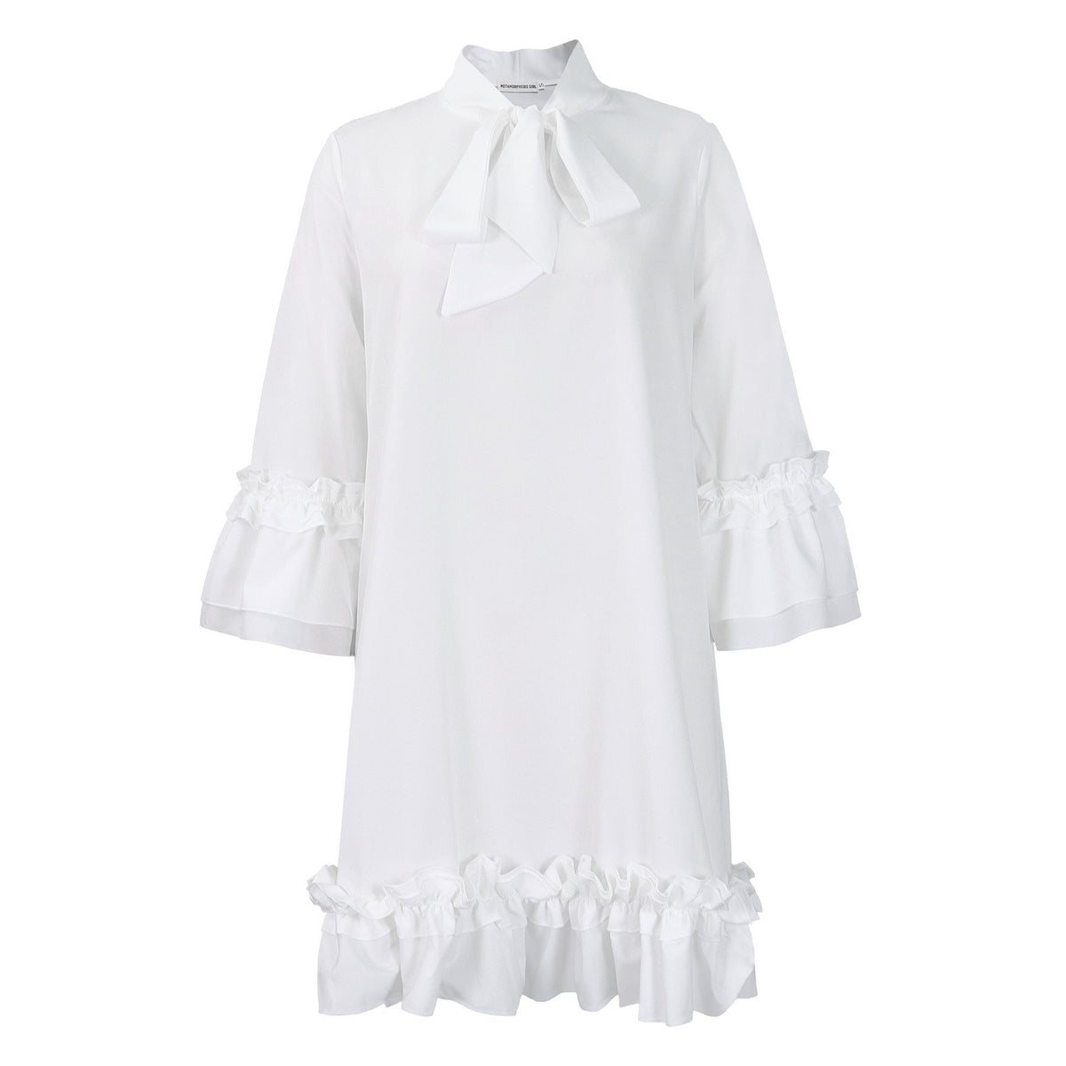 Women's Ruffle-Hem Bow-Neck Tunic Mini Dress | Spring - White