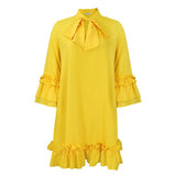 Women's Ruffle-Hem Bow-Neck Tunic Mini Dress | Spring - Yellow