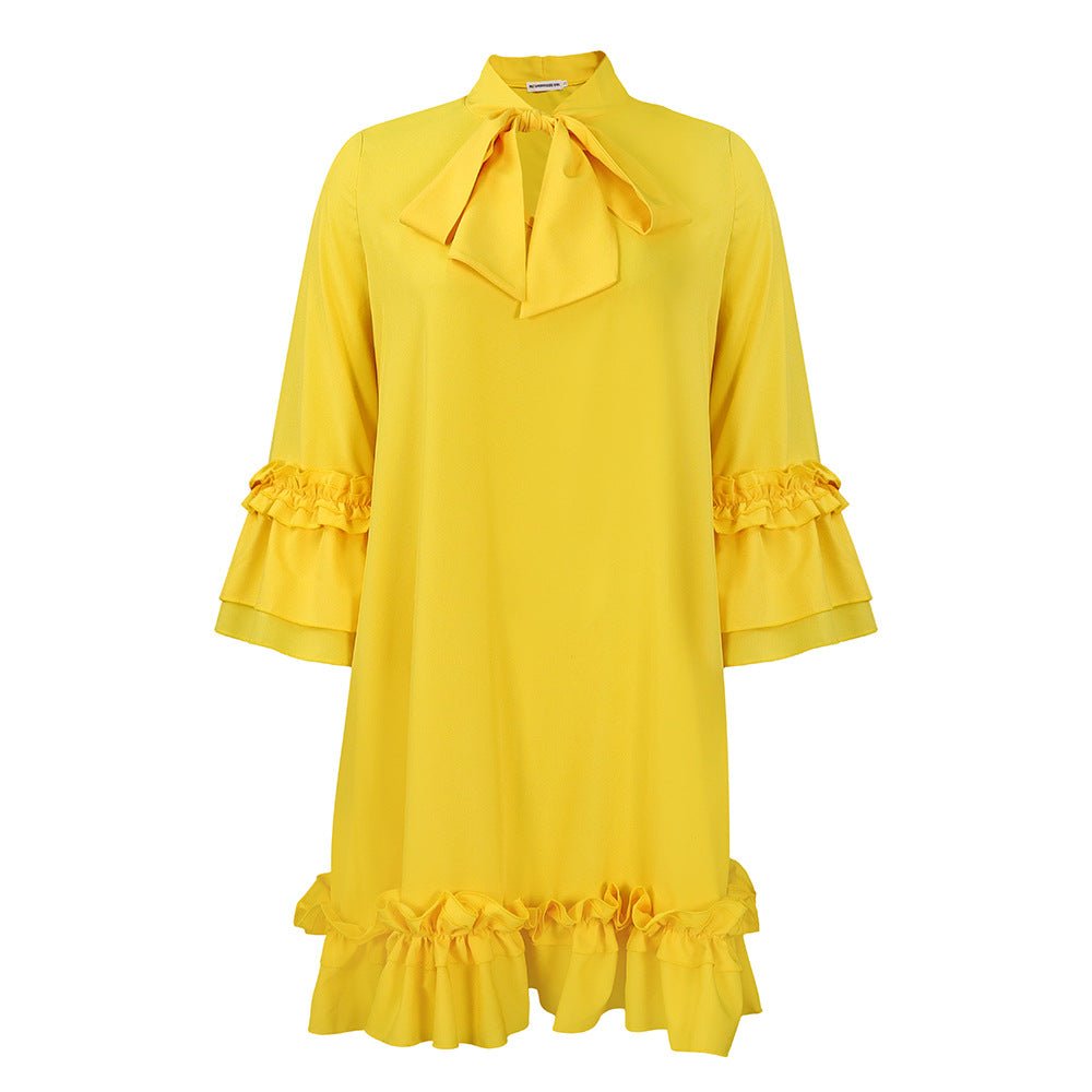 Women's Ruffle-Hem Bow-Neck Tunic Mini Dress | Spring - Yellow