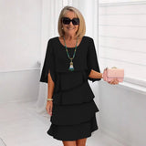 Women's Ruffle Sleeve Midi Dress - Tiered Layered Design | Spring - Black
