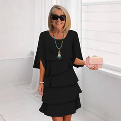 Women's Ruffle Sleeve Midi Dress - Tiered Layered Design | Spring - Black