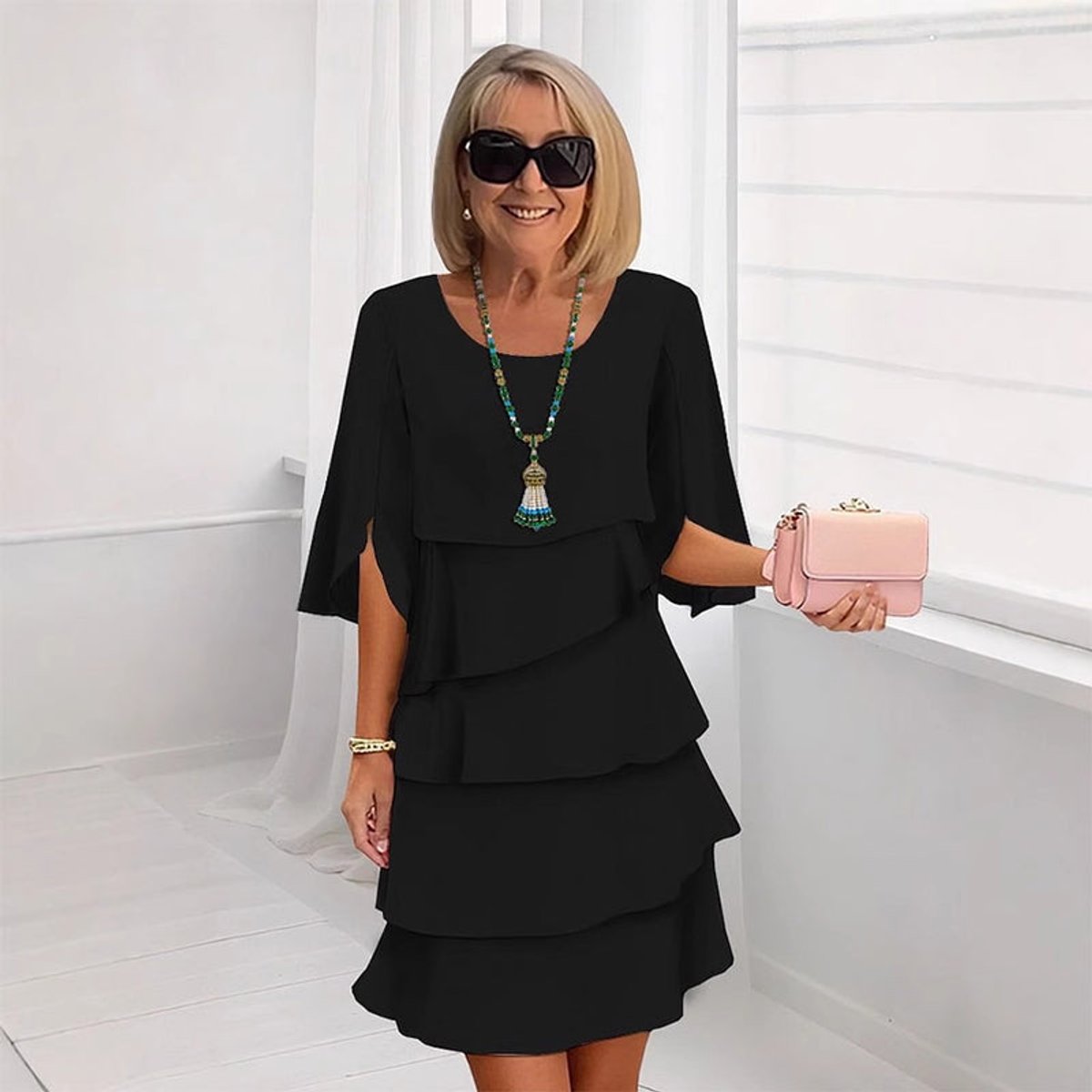 Women's Ruffle Sleeve Midi Dress - Tiered Layered Design | Spring - Black