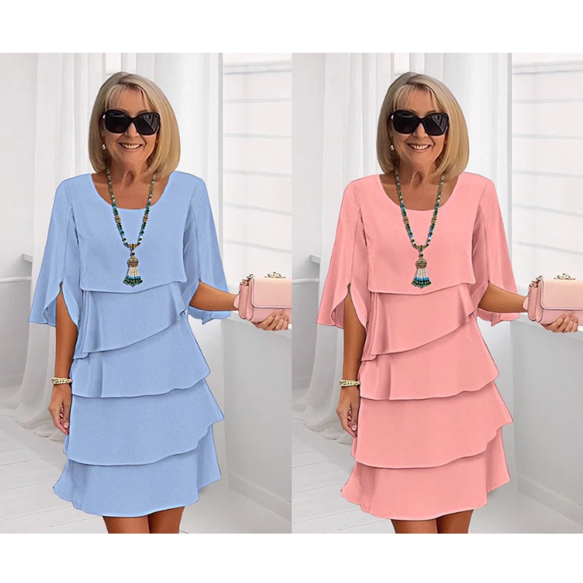 Women's Ruffle Sleeve Midi Dress - Tiered Layered Design | Spring