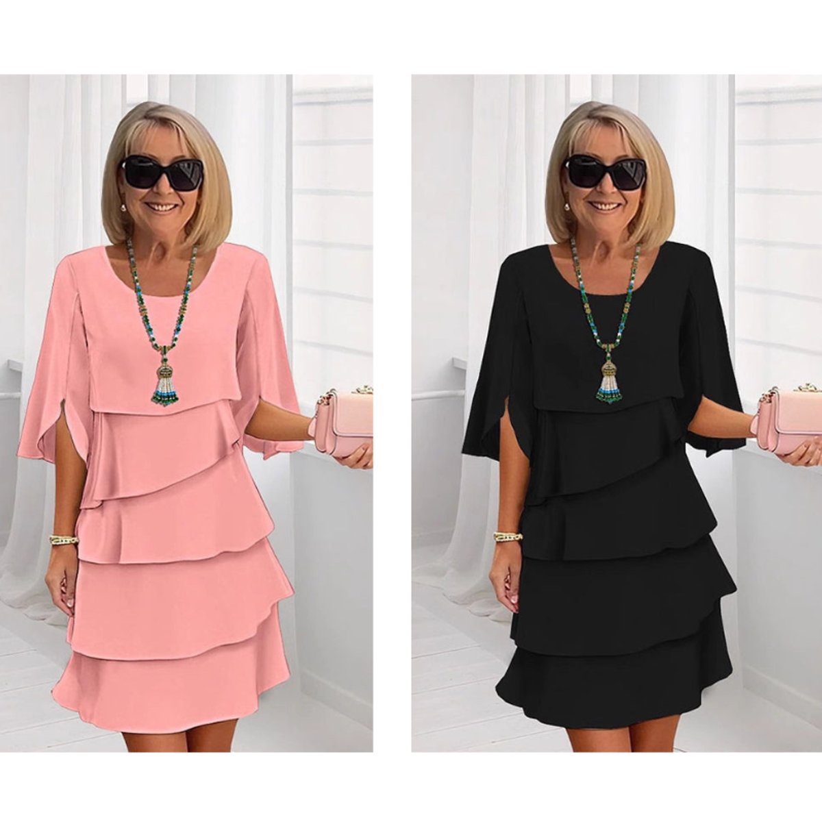 Women's Ruffle Sleeve Midi Dress - Tiered Layered Design | Spring