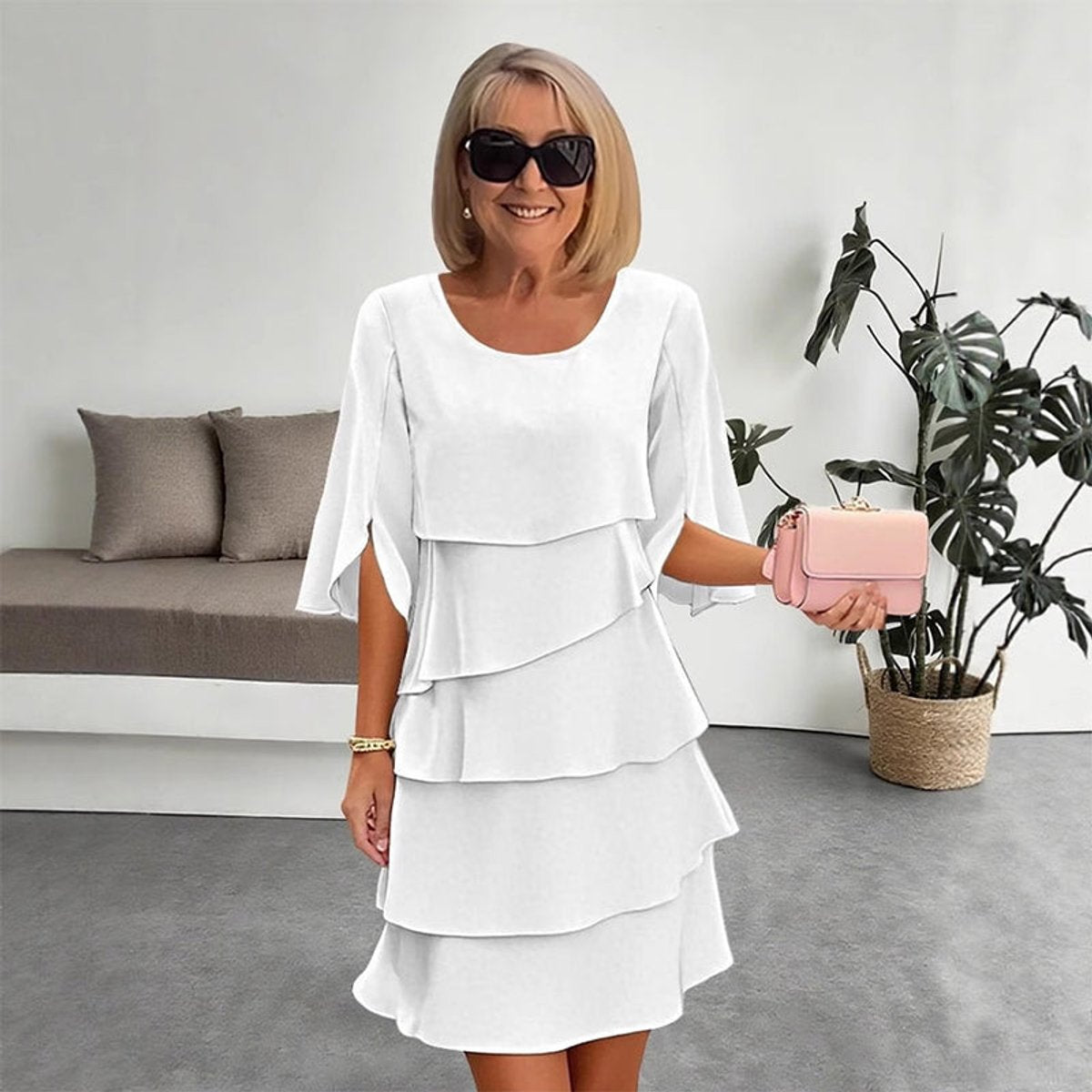 Women's Ruffle Sleeve Midi Dress - Tiered Layered Design | Spring - White