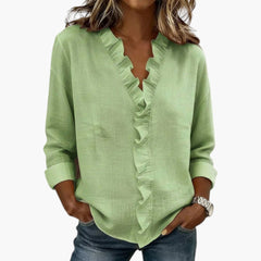 Women's Ruffle V-Neck Blouse | Long Sleeves | Lightweight | Spring - Green