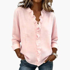 Women's Ruffle V-Neck Blouse | Long Sleeves | Lightweight | Spring - Pink