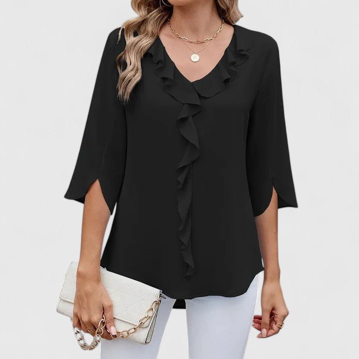 Women's Ruffle V-Neck Half-Sleeve Chiffon Blouse - Elegant Everyday - Black