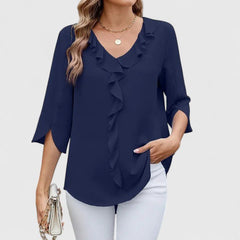 Women's Ruffle V-Neck Half-Sleeve Chiffon Blouse - Elegant Everyday - Blue