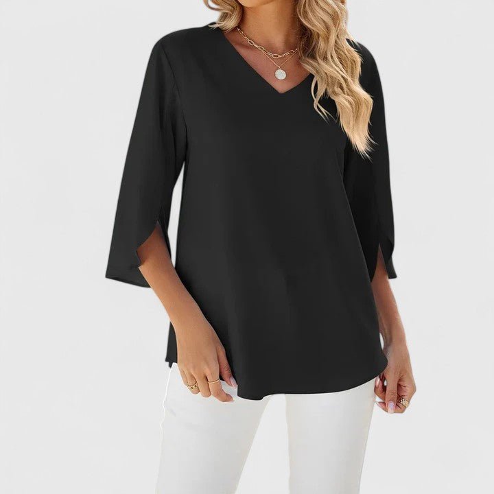 Women's Ruffle V-Neck Half-Sleeve Chiffon Blouse - Elegant Everyday - Classic Black