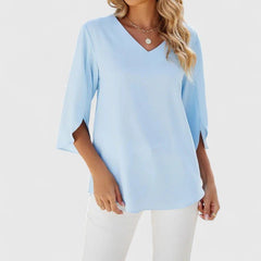 Women's Ruffle V-Neck Half-Sleeve Chiffon Blouse - Elegant Everyday - Classic Blue