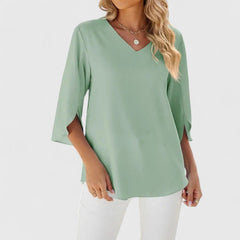 Women's Ruffle V-Neck Half-Sleeve Chiffon Blouse - Elegant Everyday - Classic Green