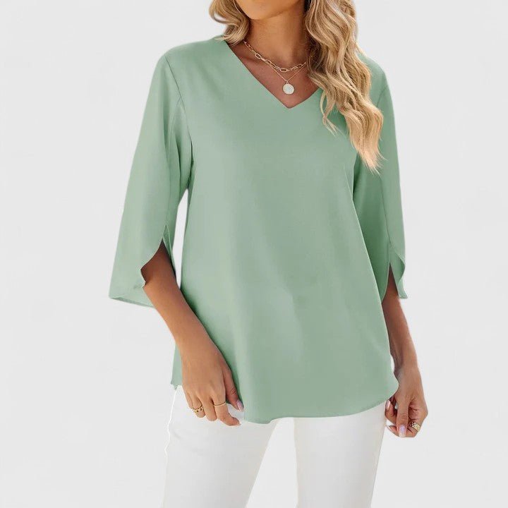 Women's Ruffle V-Neck Half-Sleeve Chiffon Blouse - Elegant Everyday - Classic Green