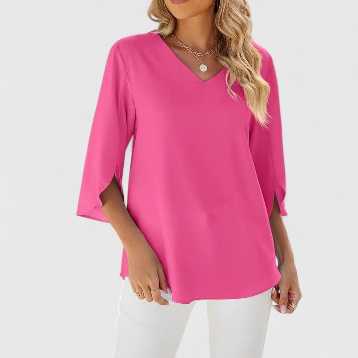 Women's Ruffle V-Neck Half-Sleeve Chiffon Blouse - Elegant Everyday - Classic Pink