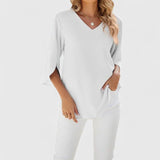 Women's Ruffle V-Neck Half-Sleeve Chiffon Blouse - Elegant Everyday - Classic White