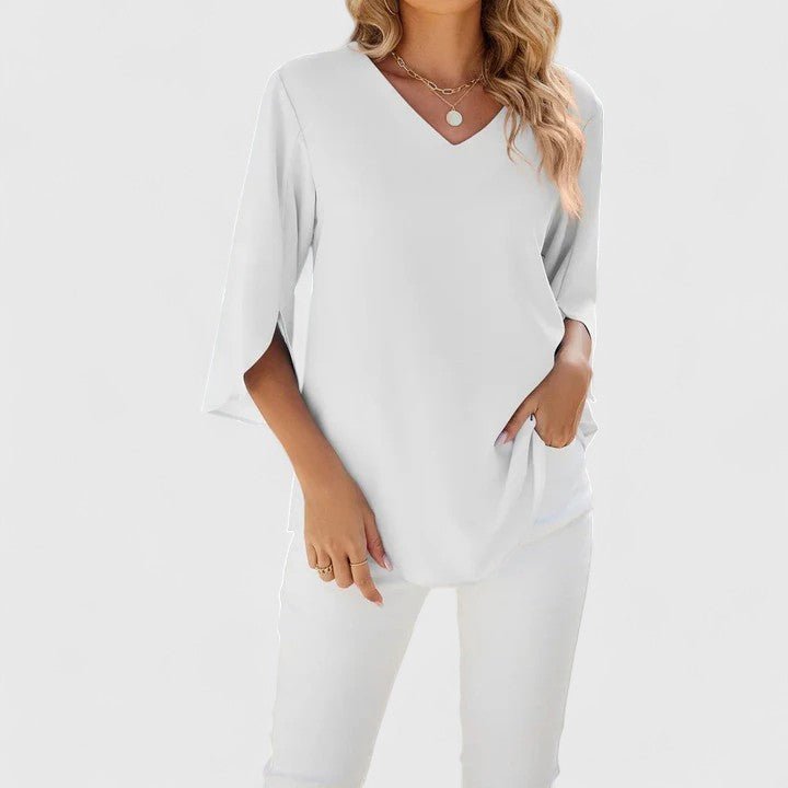 Women's Ruffle V-Neck Half-Sleeve Chiffon Blouse - Elegant Everyday - Classic White