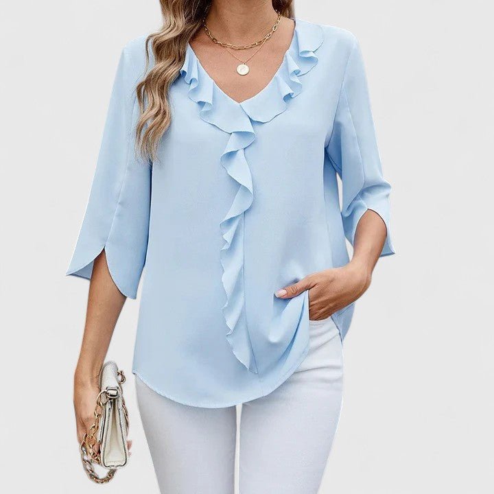 Women's Ruffle V-Neck Half-Sleeve Chiffon Blouse - Elegant Everyday