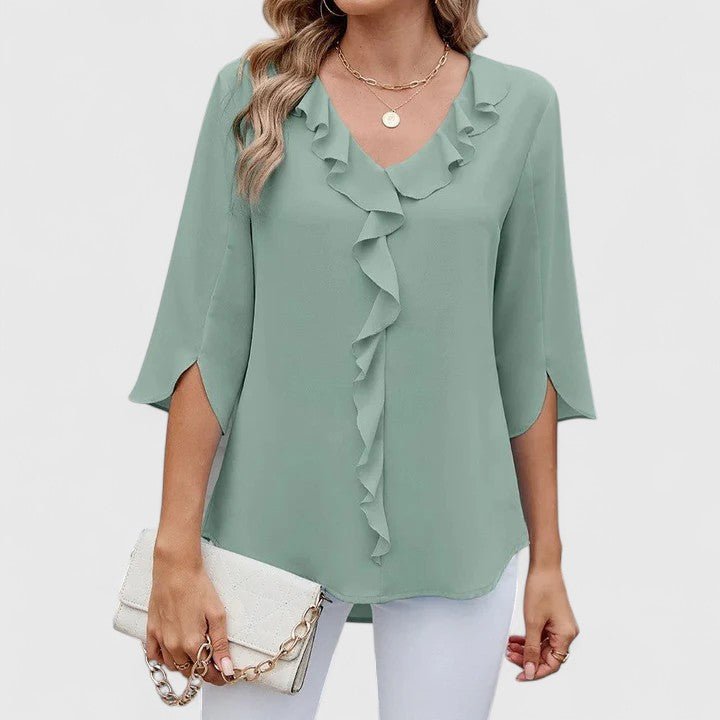 Women's Ruffle V-Neck Half-Sleeve Chiffon Blouse - Elegant Everyday - Green