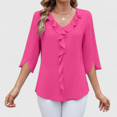 Women's Ruffle V-Neck Half-Sleeve Chiffon Blouse - Elegant Everyday - Pink