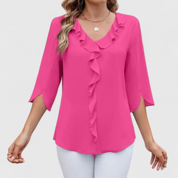 Women's Ruffle V-Neck Half-Sleeve Chiffon Blouse - Elegant Everyday - Pink