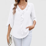 Women's Ruffle V-Neck Half-Sleeve Chiffon Blouse - Elegant Everyday - White
