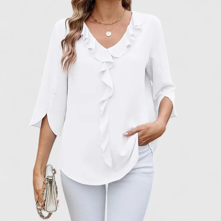 Women's Ruffle V-Neck Half-Sleeve Chiffon Blouse - Elegant Everyday - White