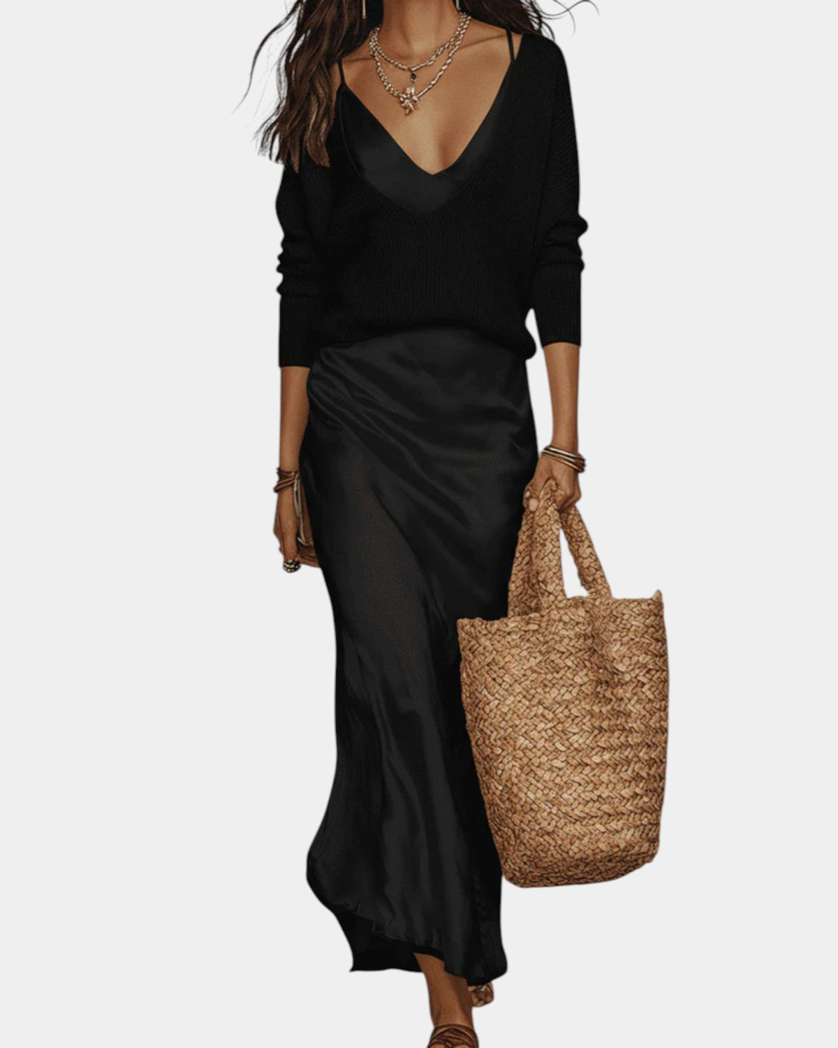 Women's Satin Blouse Dress Set - Elegant Two-Piece | Spring - Black