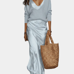 Women's Satin Blouse Dress Set - Elegant Two-Piece | Spring - Light Blue