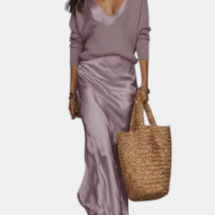 Women's Satin Blouse Dress Set - Elegant Two-Piece | Spring - Purple