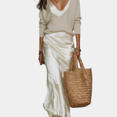 Women's Satin Blouse Dress Set - Elegant Two-Piece | Spring - White
