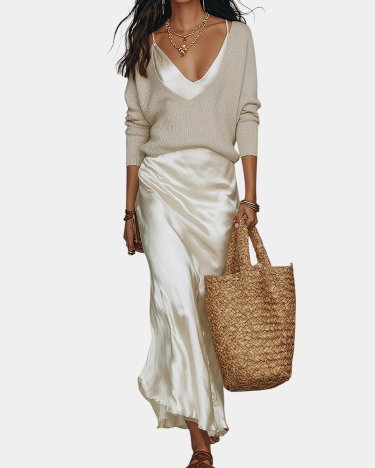 Women's Satin Blouse Dress Set - Elegant Two-Piece | Spring - White