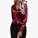Women's Satin Blouse | Hidden Buttons | Refined | Autumn - Dark Red