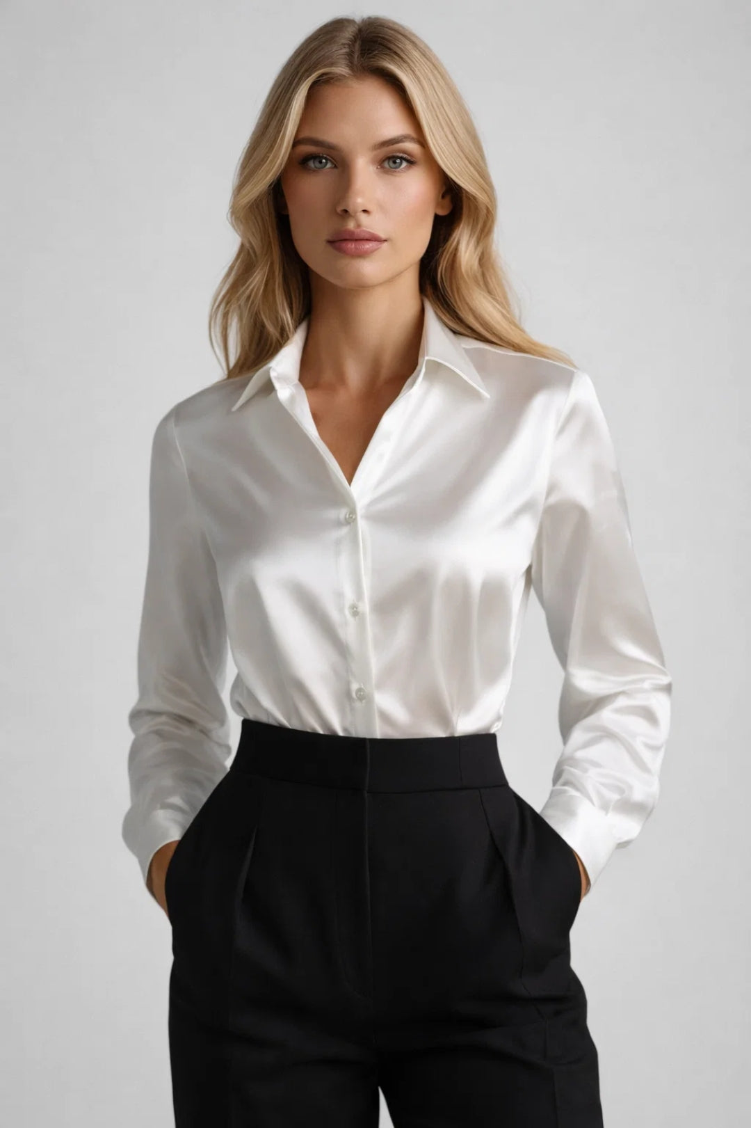 Women's Satin Blouse | Long Sleeves | Elegant | Autumn - White