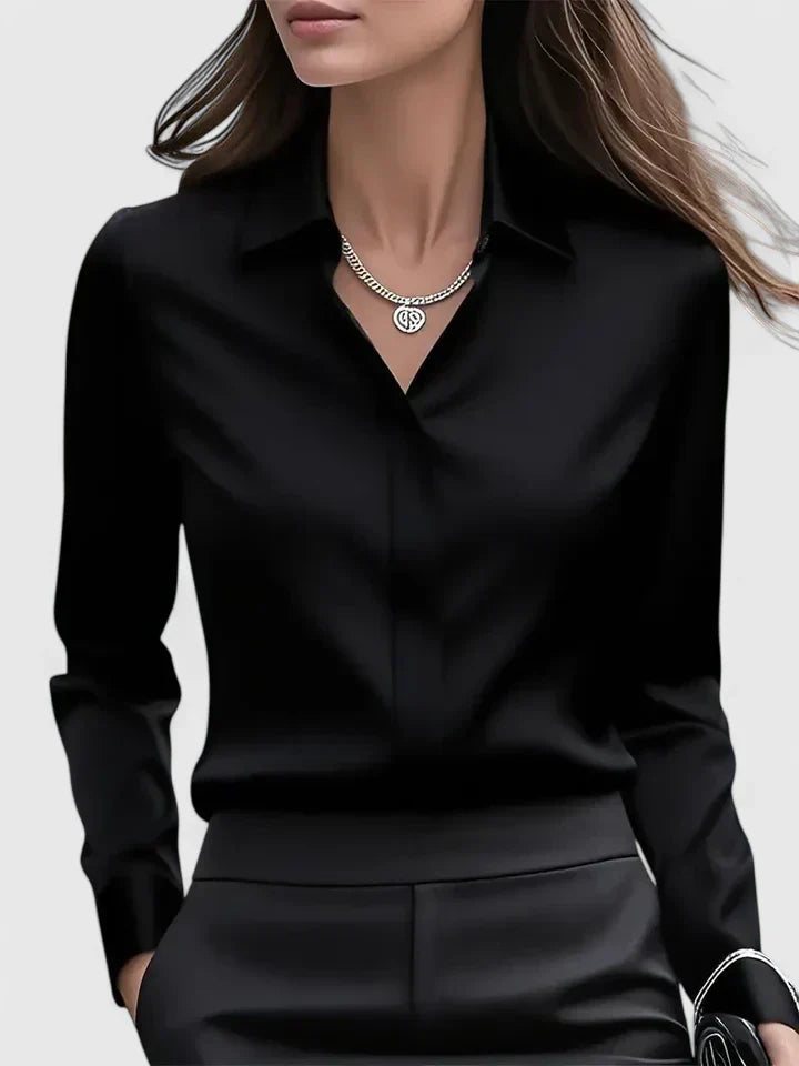 Women's Satin Button-Up Blouse - Elegant Summer Style - Black