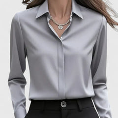 Women's Satin Button-Up Blouse - Elegant Summer Style - Grey