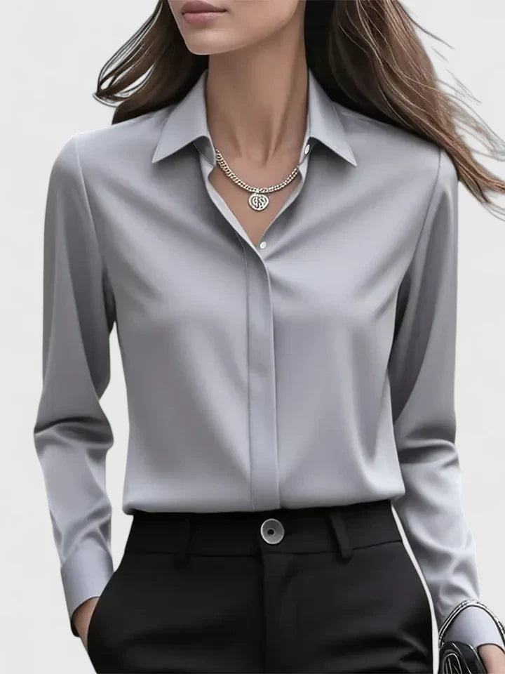 Women's Satin Button-Up Blouse - Elegant Summer Style - Grey
