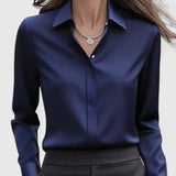 Women's Satin Button-Up Blouse - Elegant Summer Style - Navy