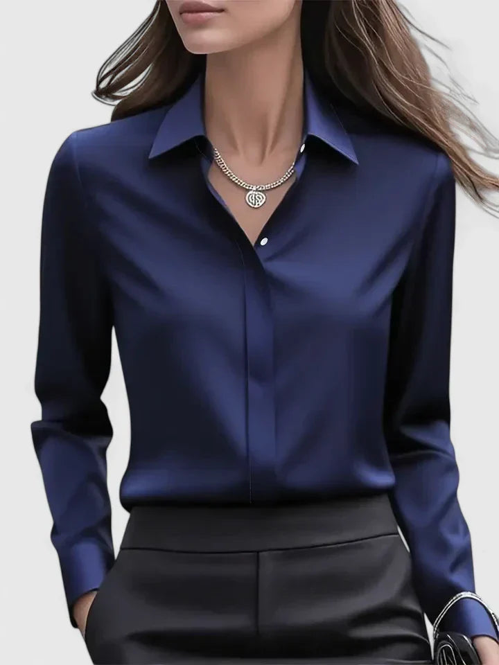 Women's Satin Button-Up Blouse - Elegant Summer Style - Navy