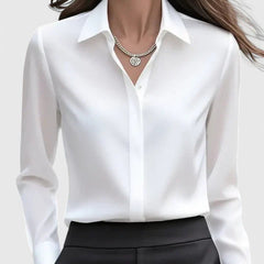 Women's Satin Button-Up Blouse - Elegant Summer Style - White