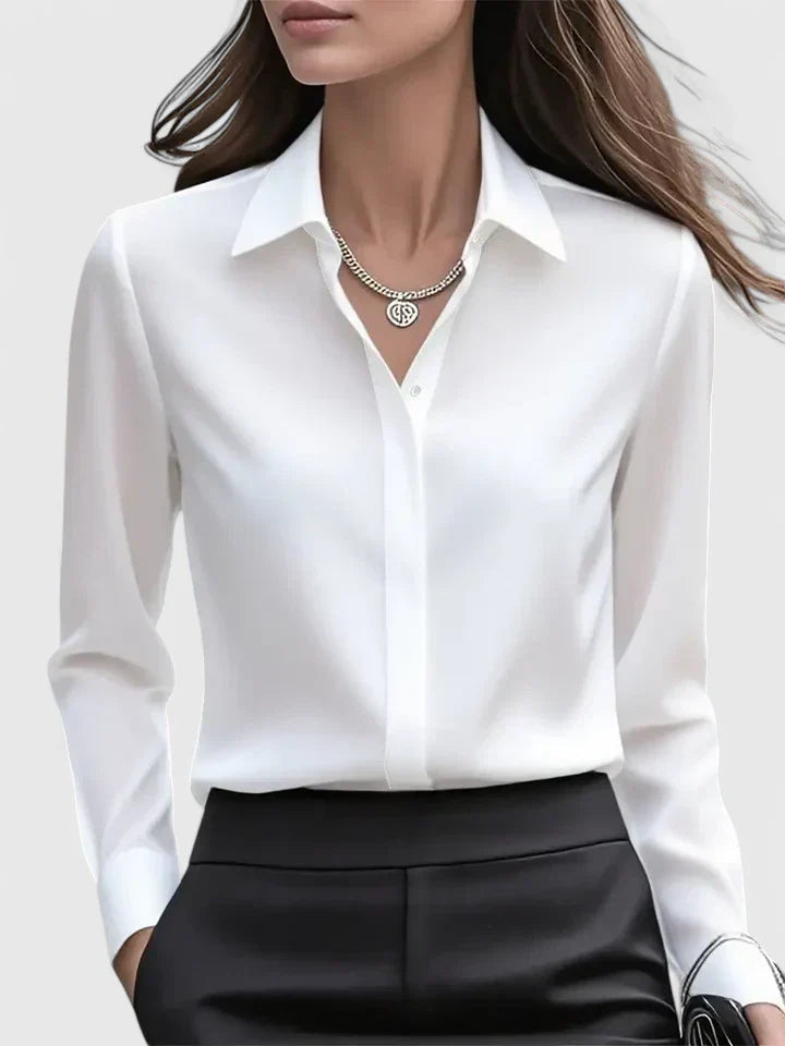 Women's Satin Button-Up Blouse - Elegant Summer Style - White