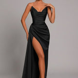 Women's Satin Maxi Dress Ruched Sweetheart Split - Formal Evening - Black