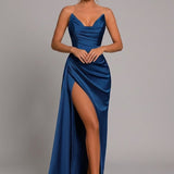 Women's Satin Maxi Dress Ruched Sweetheart Split - Formal Evening - Blue