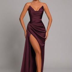Women's Satin Maxi Dress Ruched Sweetheart Split - Formal Evening - Crimson Red
