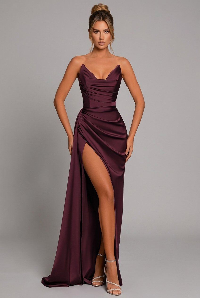 Women's Satin Maxi Dress Ruched Sweetheart Split - Formal Evening - Crimson Red