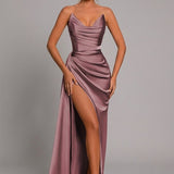 Women's Satin Maxi Dress Ruched Sweetheart Split - Formal Evening - Dusty Rose