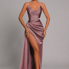 Women's Satin Maxi Dress Ruched Sweetheart Split - Formal Evening - Dusty Rose
