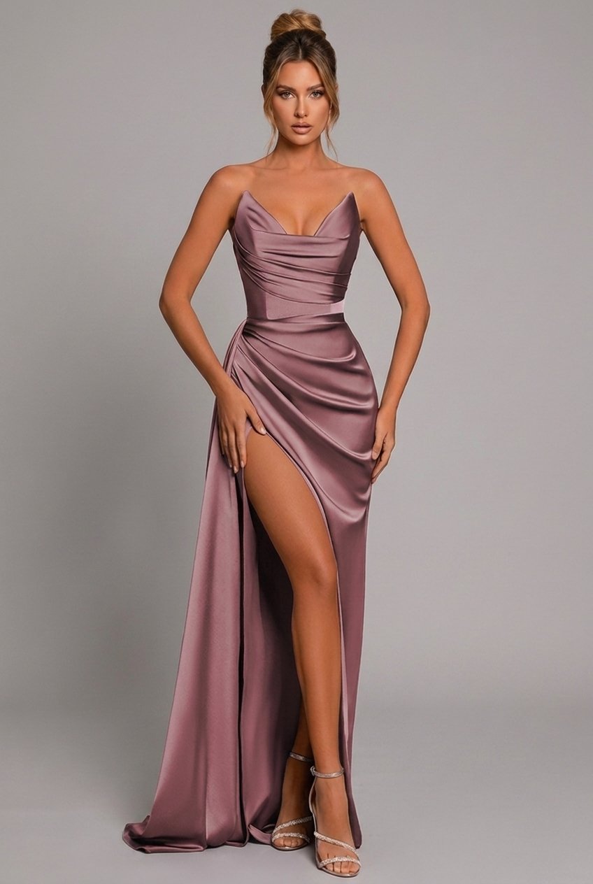 Women's Satin Maxi Dress Ruched Sweetheart Split - Formal Evening - Dusty Rose
